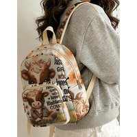 Highland Cow & Letter Print Allover Women Fashion Backpack Corduroy Multi-pocket Large Capacity Commuter Bag