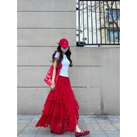 Red Mesh Half Skirt High Waist Cake Style Long Skirt for plus Size Women Summer New Vintage Korean Style Asymmetric Design