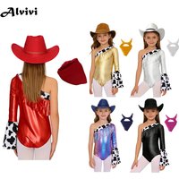 Kids Girls One Shoulder Metallic Fringed Dance Gymnastics Leotard Halloween Carnival Western Cowgirl Cosplay Bodysuit Dancewear