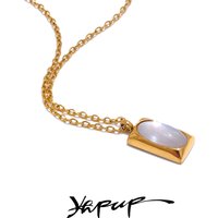 Yhpup Stylish Natural Stone Shell Square Rectangle Necklace Pendant Stainless Steel Water Resistant Charm Jewelry Gift