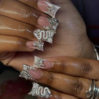 24pcs Long ducknail black French Tip Press On Nails 3D alloy cross, snake-shaped decoration with rhinestone design Fit Perfectly
