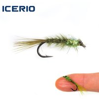 ICERIO 6pcs #12 Olive Damselfly Nymph Fly Fishing Bead Head Flash Body Trout Grayling Fishing Lures Baits