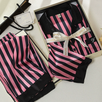 Female Pajamas Trouser Suit Stripe Print Long Sleeve Pijamas Sleepwear Spring Silky Satin Lounge Wear Loose Casual Homewear