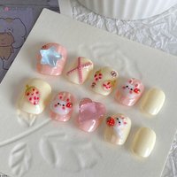 Handmade Fake Nails Pink Strawberry Cute Rabbit Diamond Designed Short Round Press on Nails for Women Girls Daily DIY Manicure