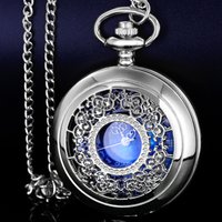 Pocket Watch Hollow Blue Starry Sky Dial Roman Numerals Quartz Pocket Watches with Necklace Christmas Birthday Gifts