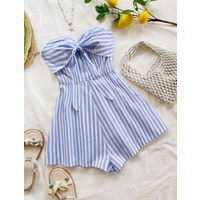 Women's Spring/Summer Cruise Vacation Blue Striped Front Waiver Loose jumpsuit, Suitable for Party, Date, Afternoon Tea