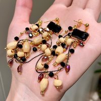 Long seed bead wooden crystal tassel earrings