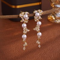 ZAKOL New Trendy Aesthetic Imitation Pearl Zircon Inlaid Tassel Earrings for Women Exquisite Bridal Wedding Accessory