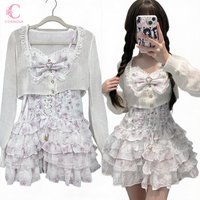 Japanese Sweet Lolita Lace Floral Print Long Sleeve 2 Piece Sets Women Bow Ruffle Layered Mini Skirt Set Female Daily Clothes