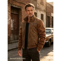 Veste rétro en daim pour homme, avec col montant, fermeture éclair, manches longues, plusieurs poches, vêtement d’extérieur chaud, style vintage, vêtements de rue pour homme.