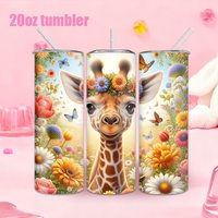 1pc Stainless Steel Water Bottle/Cup with Garland & Giraffe Pattern – 20oz (591ml) – Includes Straw
