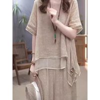 Retro Cotton Linen Set Women Summer New Ethnic Style Loose Slimming Tummy Covering Two Piece Set Fashionable Casual Wear