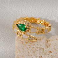 1Pcs Vintage Golden Snake Adjustable Ring Emerald Zircon Simulated Shell Minimalist Women Daily Wear Fashion Jewelry Gift