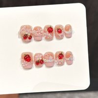 10Pcs/set Sweet Bare Pink Short Square Head French Fake Nails with 3D Strawberry Ballet Nail Sticker Wearable Reusable Manicure
