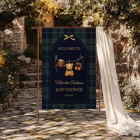 Vintage Bear Welcome Backdrop Classic Green Grid Baby Shower 1st Birthday Customizable Party Background Decoration