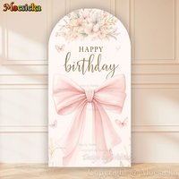 Mocsicka Happy Birthday Baby Shower Arch Backdrop Pink Bow Floral Butterfly Background Kid 1st Birthday Party Photobooth Studio