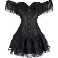 Corset Dress Tutu Skrits Set Plus Size Overbust With Lace Sleeved Costume Party Sexy Burlesque Basques Outfit Vintage Black Red