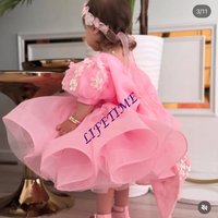 CustomizedPink Flower Girl Dress with Big Bow & Floral Details, First Communion & Wedding Party Gown for Toddlers فساتين