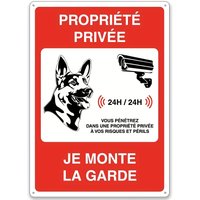 Aluminum Metal Tin Sign "Private Property Under 24/7 Video Surveillance" French Language Warning Sign with Dog Graphic - Weat