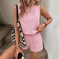 2026 Women's Holiday Home Wear Printed Plaid Shorts 2-piece Set Summer New Casual Simple Vest Pocket Shorts Set Female