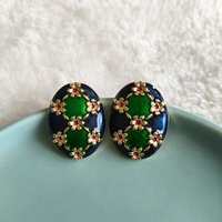 EAR CLIPS Retro Palace Style Earrings Red Green Contrast Design Oval Round Geometric Clip on Earrings for Women No Piercing