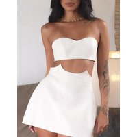 Elegant Lady Off Shoulder Slim Two Piece Sexy Sleeveless Hollow Out Crop Tops And Skirts Set Summer Beach Vacation White Outfits