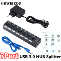 GRWIBEOU USB 3.0 Hub USB Hub 3.0 Use Power Adapter Multi USB Splitter 7 Port Multiple 3 Hab Expander USB Hub with Switch for PC