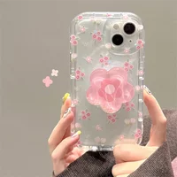 Cute Quicksand Pink Flower Holder Phone Case For iPhone 16 17 15 14 13 12 11 Pro Max 7 8 Plus 16E 17Air Stand Floral Clear Cover