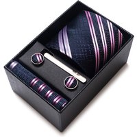 High Quality Purple Striped Tie Handkerchief Cufflink Set For Men Necktie Holiday Gift Box Suit Accessories Wedding Gravats