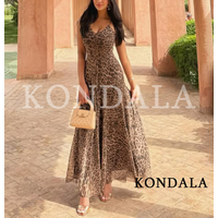 KONDALA Elegant Mesh Tulle Leopard Dress Women Summer High Street Holiday Camisole Dress New 2026 Trendy Beach Party Long Dress