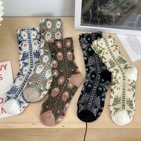 5 Pair Korean Style Women Socks Sweet Flower Print Streetwear Accessories Cute Long Socks Woman Geometric Patterns Middle Tube
