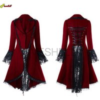Women Medieval Steampunk Victorian Style Gothic Jacket Noble Court Retro Dress Halloween Costume Lace Trim Lace-up High Low Coat