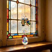 1Pc Crystal Hanging Ornament, Green Owl, Ab Colored Crystal Beads, Glass Pendant, Sun Catcher, Home/Garden/Window Hanging Decoration
