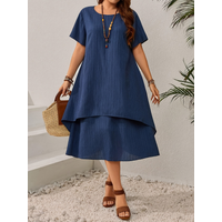 Plus Size Women's Summer Navy Blue Loose Dress - Figure-Flattering Irregular Midi Skirt for Curvy Ladies, Elegant Casual A-Line