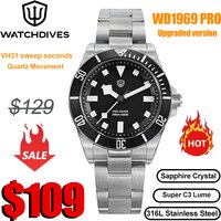 Watchdives WD1969 Pro 38mm Quartz Watch VH31 Sweep Seconds Movement 20Bar Waterproof BGW9 Blue Luminous Sapphire Glass Watches image 4