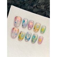 10Pcs Press on Nails Aurora Gradient Multicolored Stars Fake Nails Includes 1 Sheet Adhesive Tabs & 1 Pc Mini File