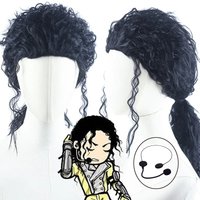 MJ Michael Cosplay Black Wig Jackson Michael Role Play Medium Long Curly Black Hair Pigtail Wig Halloween Role Play Prop Cos