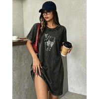Vintage Washed Distressed T-Shirt Dress for Women, Printed Dress, a Hot-Selling Item of Fashion Streetwear Brands
