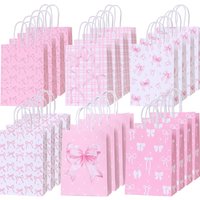 6/12/24pcs Pink and White Bow Paper Bag Valentine's Day Birthday Gift Bag with Handle Candy Bag Wedding Party Gift Bag