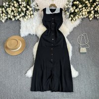 Mid Length Dress Women Dresses High Waist Vestidos Knitted Sleeveless Bodycon Single Breasted Splice Y2k Party Club Night 2025