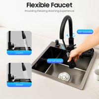 45 x 40 cm schwarzes Küchenspülbecken, multifunktional, mit ausziehbarem Wasserhahn, Tassenspüler, Korb, Seife, Einzelschüssel-Rohr-Set aus Edelstahl