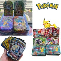 42/48pcs Iron Metal Box Set Pokémon Battle Toys in English & Spanish with Pikachu Crown Zenith Pokemons Anime Game Bank Cards