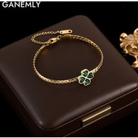 GANEMLY 316L Stainless Steel Green Crystal Clover Bracelet Bangle For Women Fashion Wrist Chain Waterproof Jewelry Gift Bijoux