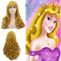 Anime Sleeping Beauty Heroine Wig Aurora Princess Character Cos Wig Cover Ball Woman Evening Dress Match Yellow Long Curly Hair