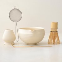 Matcha Set, 5 Pcs Matcha Whisk Set, Elegant Rounded Design Bowl with Folded Rim, Matte Buttercream Glaze, with Gift Box