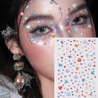1Pcs 3D Iridescent Heart Buterfly Gems Face Tattoo Sticker Round Diamond Self-Adhesive Decals for Party Stage Body Makeup Jewels