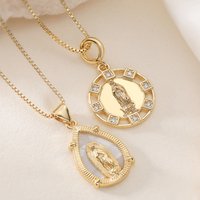 Gold Plated Brass Virgin Mary Pendant Necklace Shell Cubic Zirconia Our Lady Medallion Charm Religious Faith Women Daily Jewelry