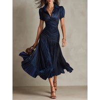 Women Striped Satin Shirt Dress Fashion Lapel Collar Short Sleeve Surplice Ruched Waist Asymmetrical Pleated Evening Party Dress