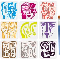 9 Pcs Abstract Face Painting Stencil with Paint Brush 7.87x7.87inch Geometric Faces Drawing Template Abstract Art DIY Decoration
