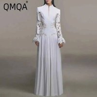 QMQA Fashion Women's Dress Niche Design Hollowed Out Lace Splice Flare Sleeve High Waist Elegant Maxi Dresses 2025 New QM326